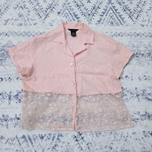 Pierri light pink crop top with sheer floral midsection detail, size small